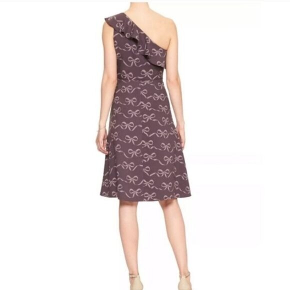 Banana Republic Factory NWT One Shoulder Ruffle Bow Print Fit & Flare Midi Dress - Picture 2 of 6